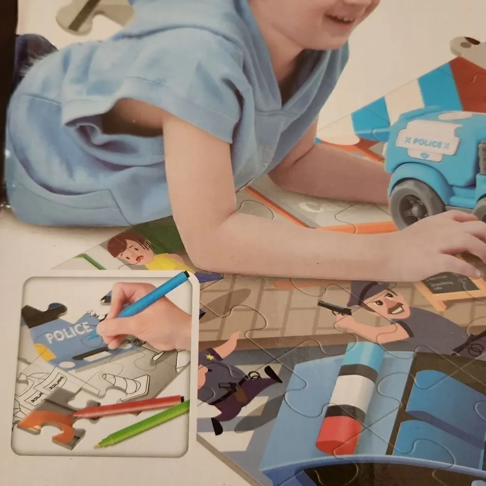 DIY Coloring Jigsaw Puzzle with Car and Markers Police